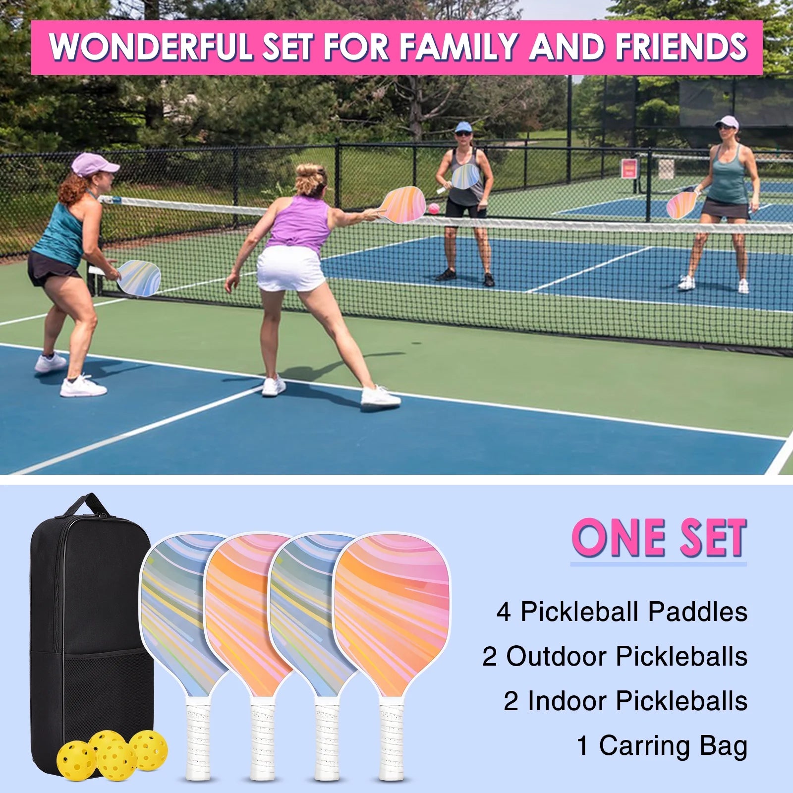 USAPA Approved Pickleball Paddle Set with 4 Paddles, 4 Balls, and Bag